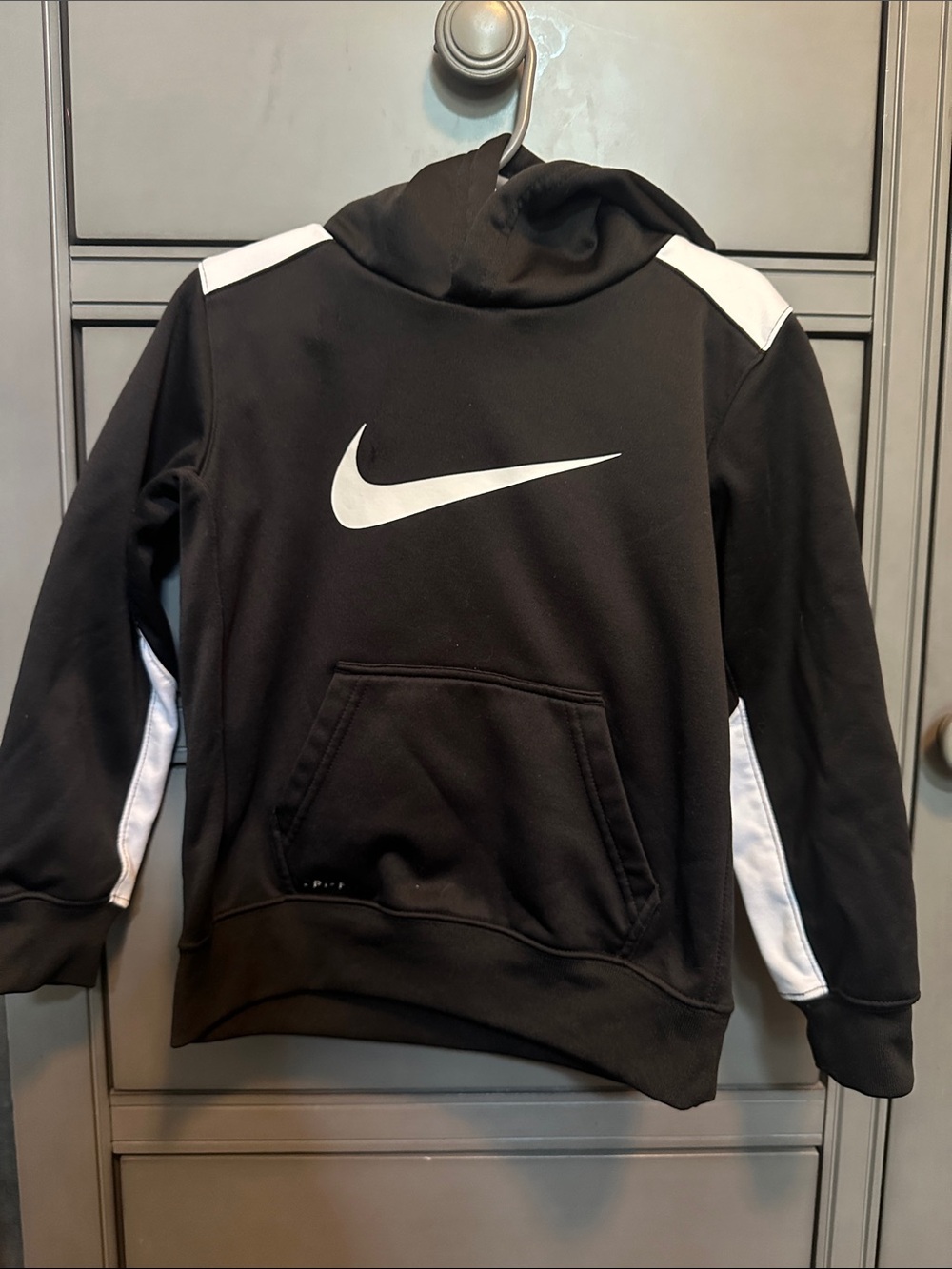 Nike Dri-Fit Black Hoodie with White Swoosh and Shoulder Panels